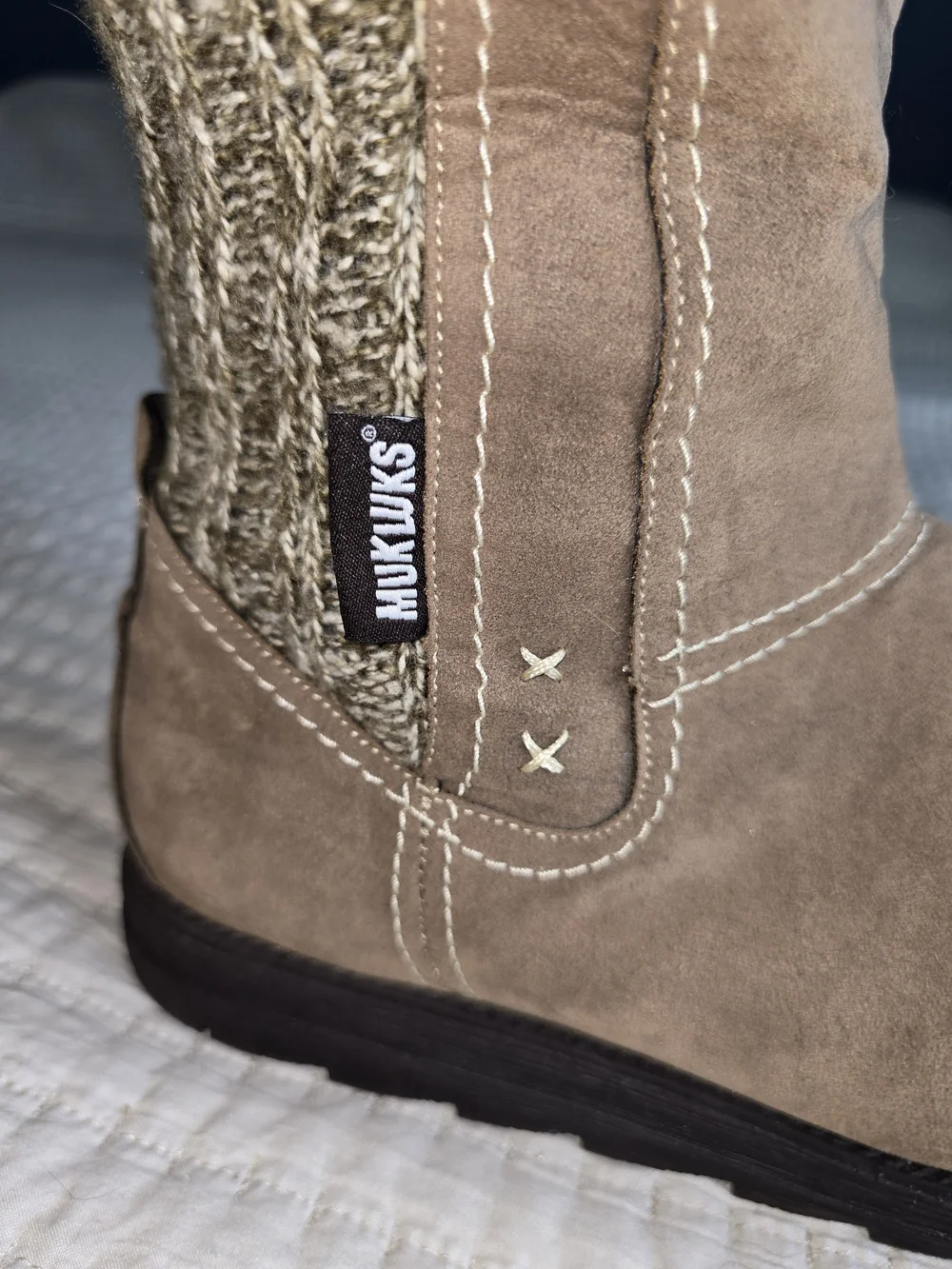 Muk Luks Taupe Suede Mid-Calf Boots with Knit Cuff